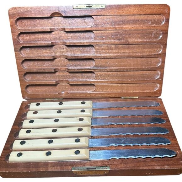 Simmons VTG. steak knives with ivory-colored Bakelite handles & stainless steel - Picture 1 of 11
